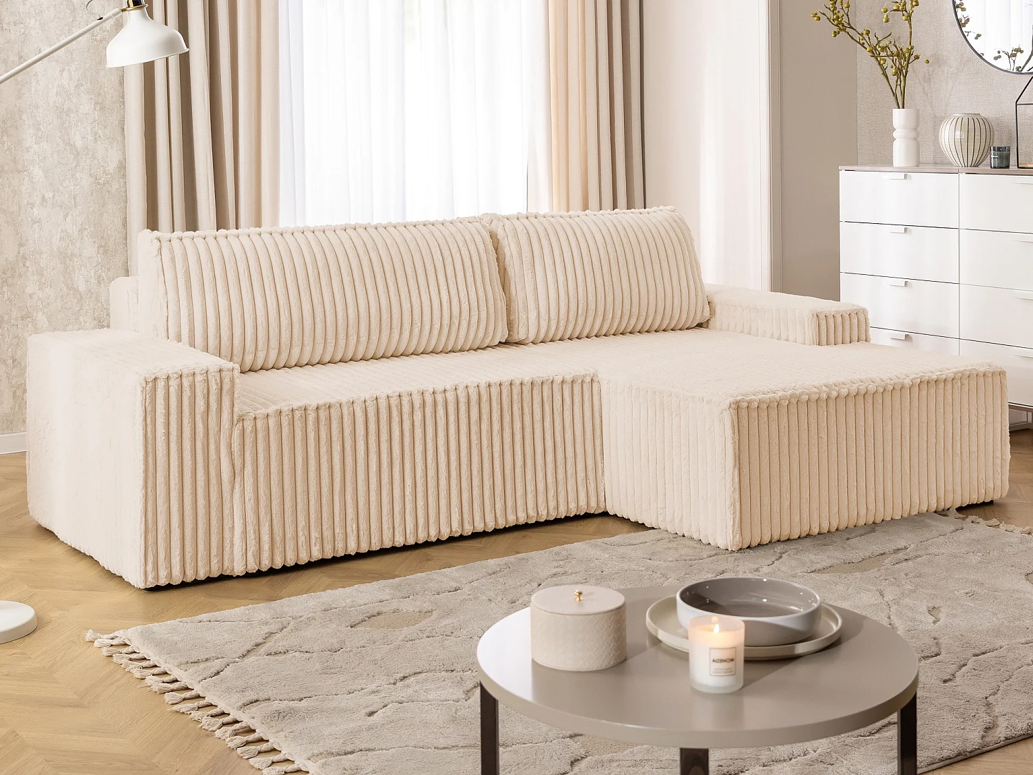 Canapé d’angle avec fonction couchage et coffre de rangement en tissu côtelé peluche RIVIO