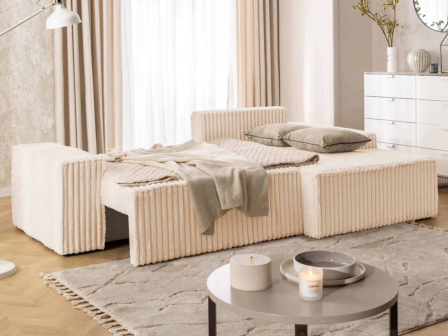 Canapé d’angle avec fonction couchage et coffre de rangement en tissu côtelé peluche RIVIO