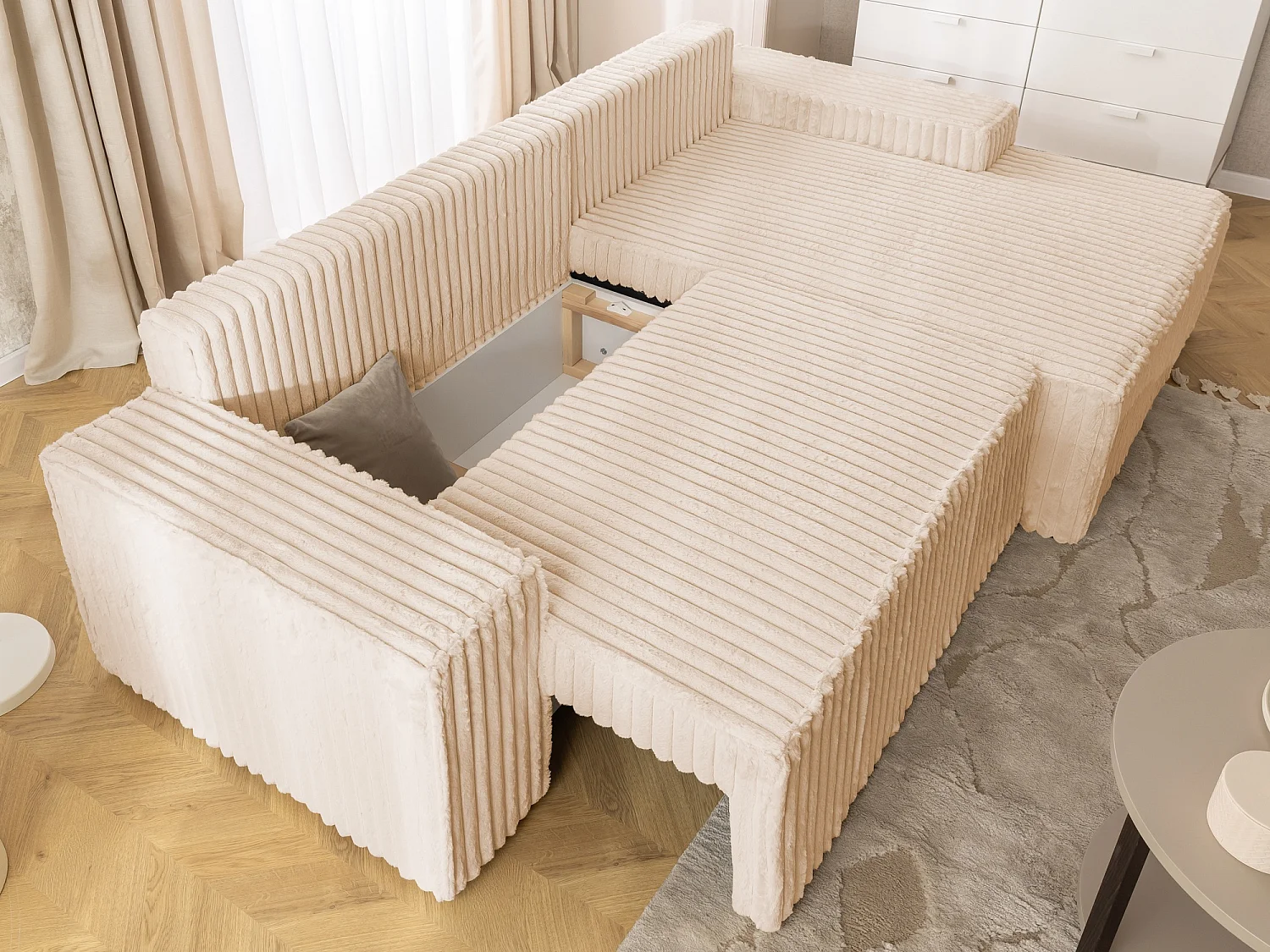 Canapé d’angle avec fonction couchage et coffre de rangement en tissu côtelé peluche RIVIO