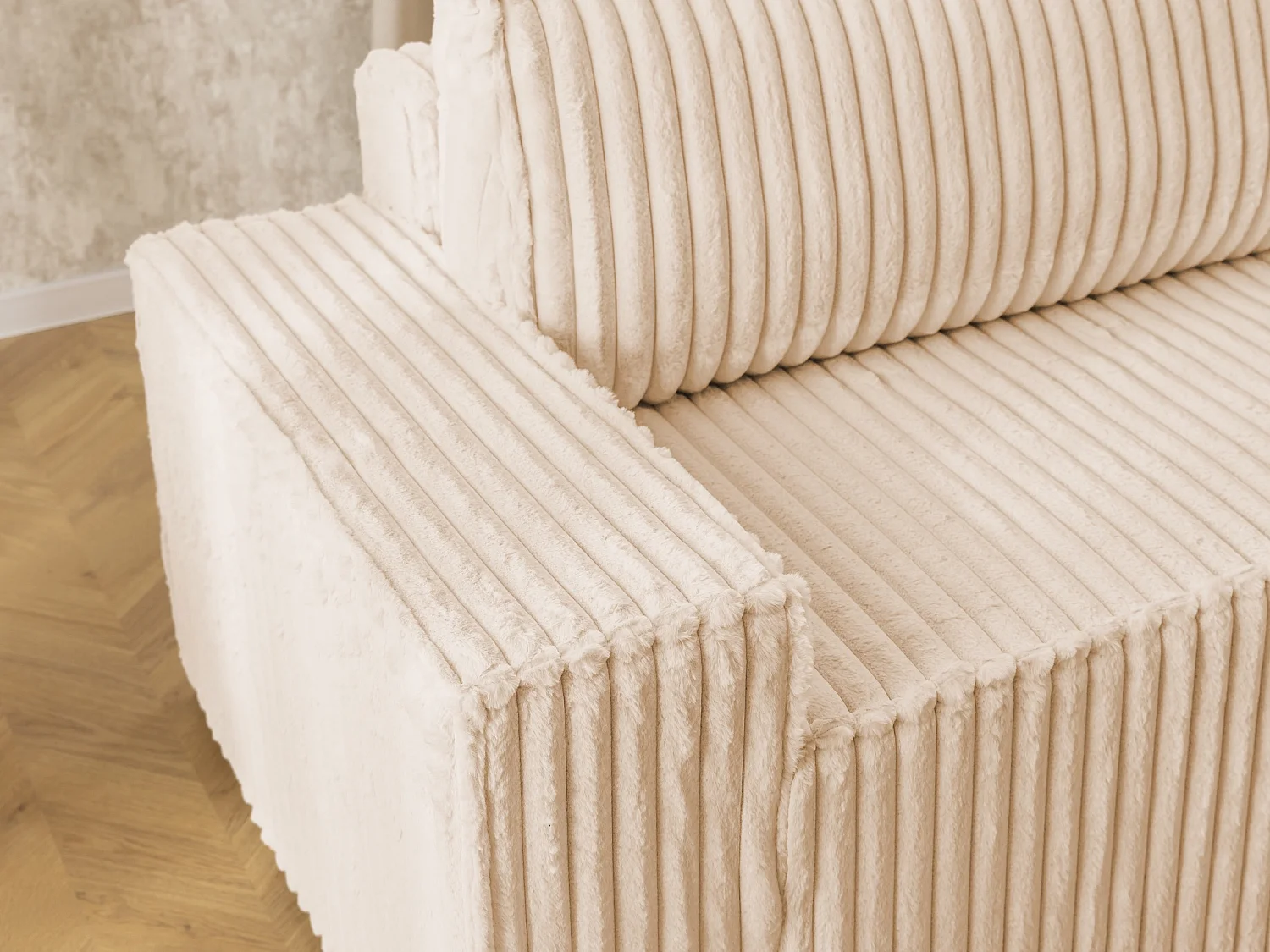 Canapé d’angle avec fonction couchage et coffre de rangement en tissu côtelé peluche RIVIO