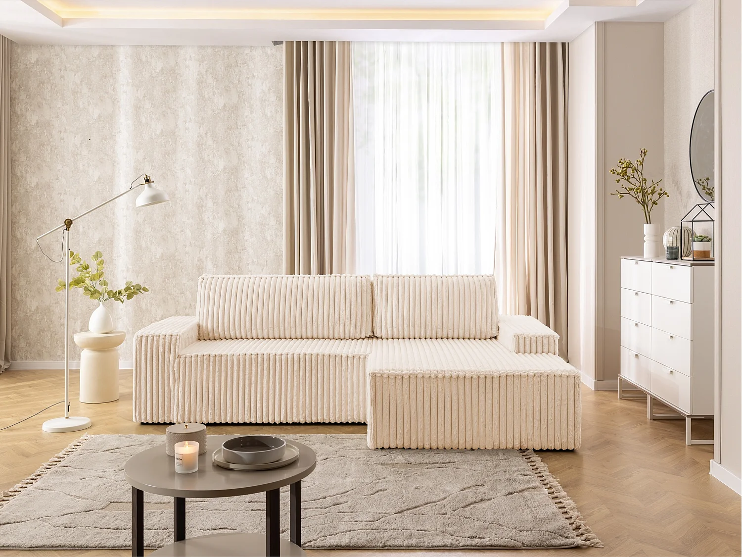 Canapé d’angle avec fonction couchage et coffre de rangement en tissu côtelé peluche RIVIO