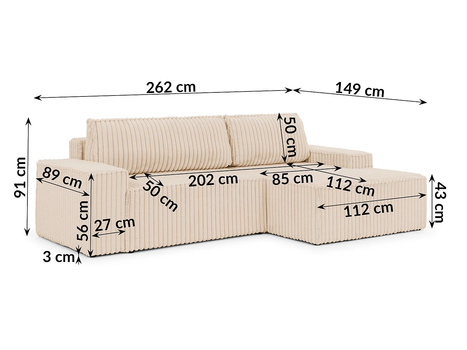 Canapé d’angle avec fonction couchage et coffre de rangement en tissu côtelé peluche RIVIO