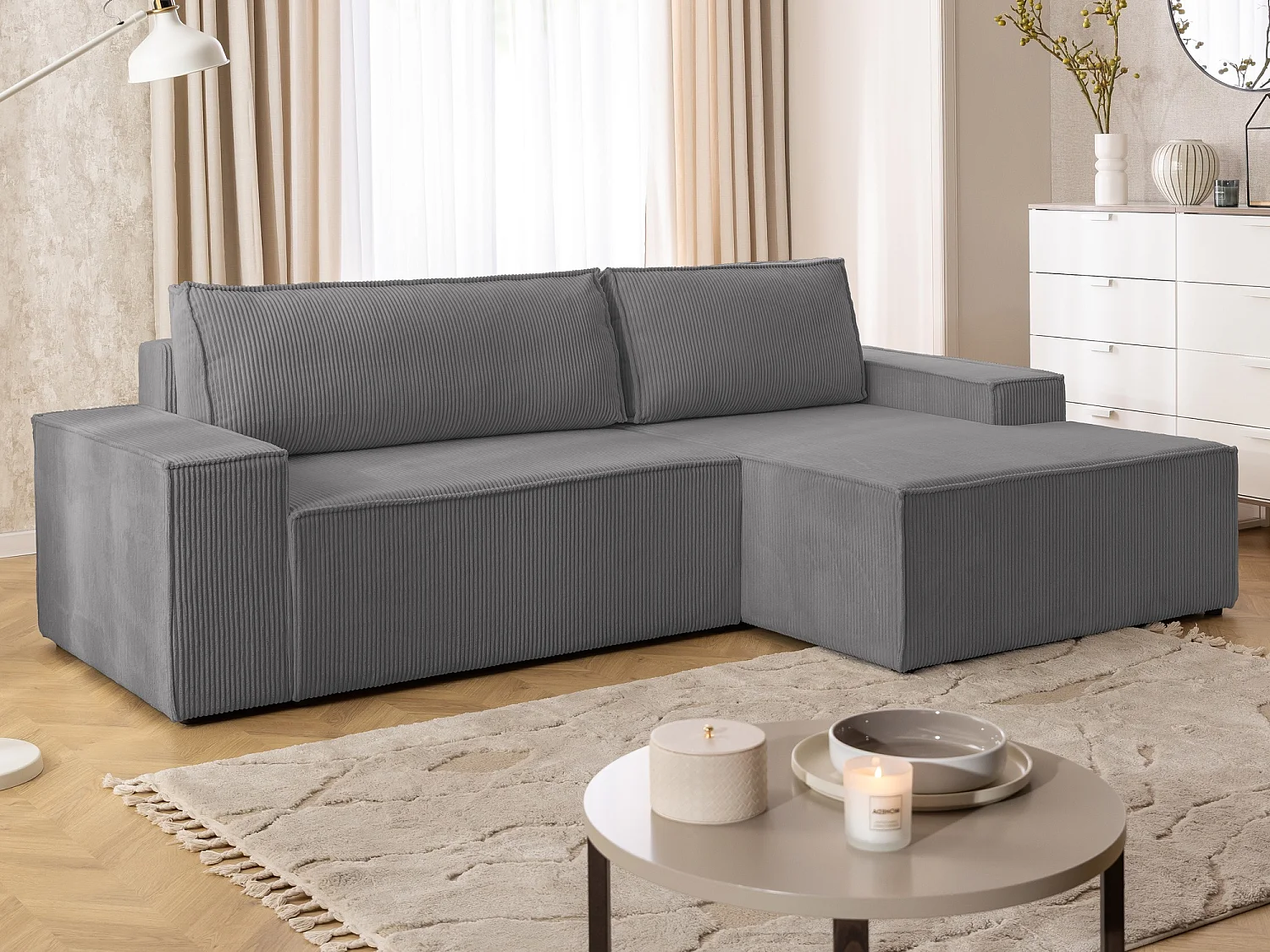 Canapé d’angle avec fonction couchage et coffre de rangement en tissu côtelé RIVIO