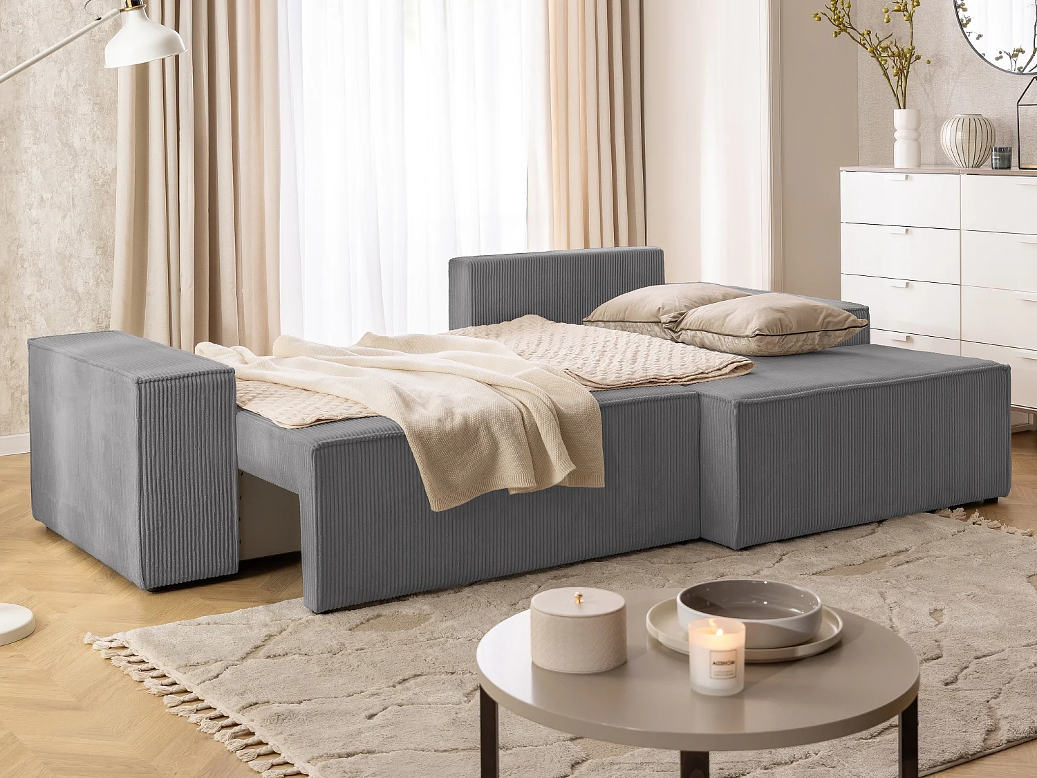 Canapé d’angle avec fonction couchage et coffre de rangement en tissu côtelé RIVIO