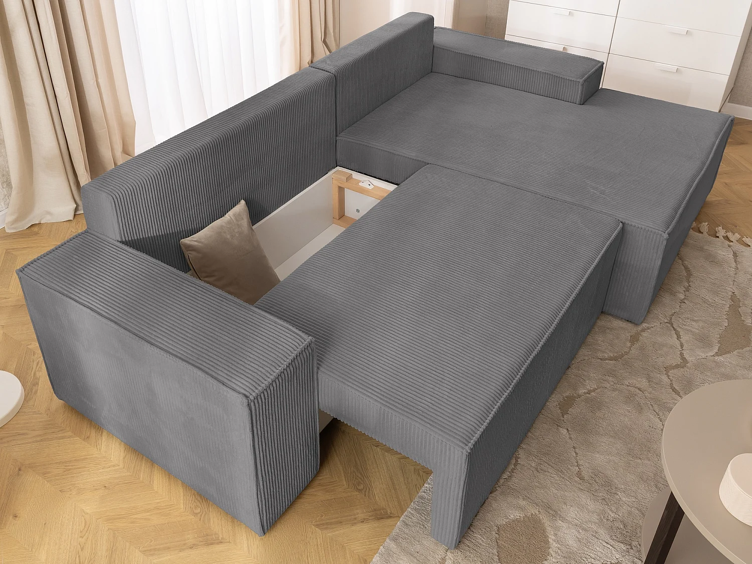 Canapé d’angle avec fonction couchage et coffre de rangement en tissu côtelé RIVIO