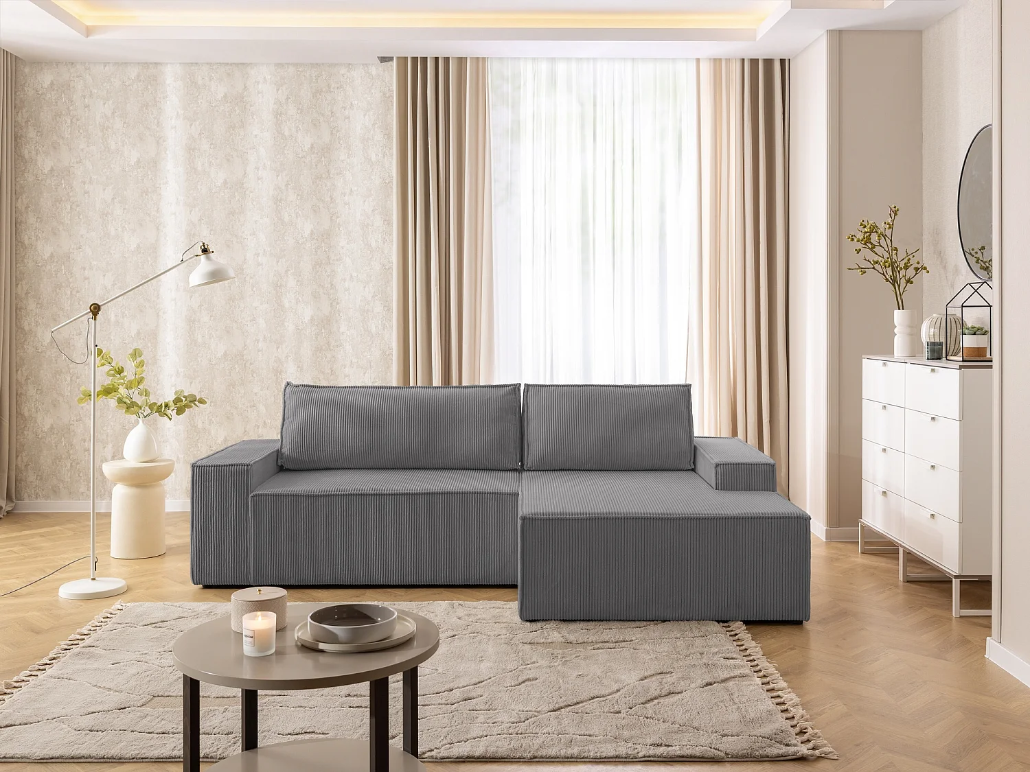 Canapé d’angle avec fonction couchage et coffre de rangement en tissu côtelé RIVIO