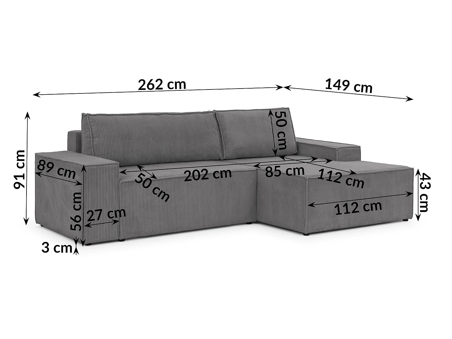 Canapé d’angle avec fonction couchage et coffre de rangement en tissu côtelé RIVIO