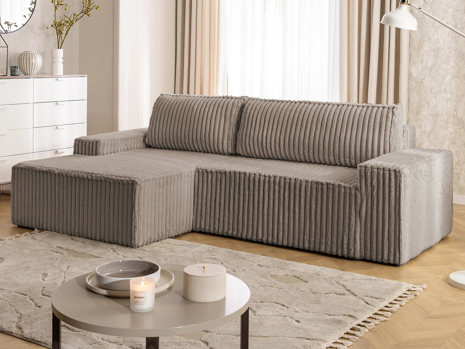 Canapé d’angle avec fonction couchage et coffre de rangement en tissu côtelé peluche RIVIO