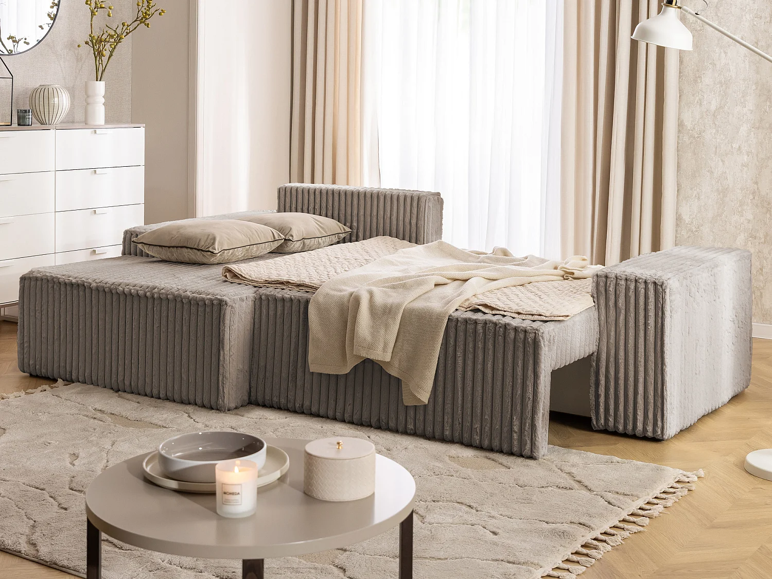Canapé d’angle avec fonction couchage et coffre de rangement en tissu côtelé peluche RIVIO