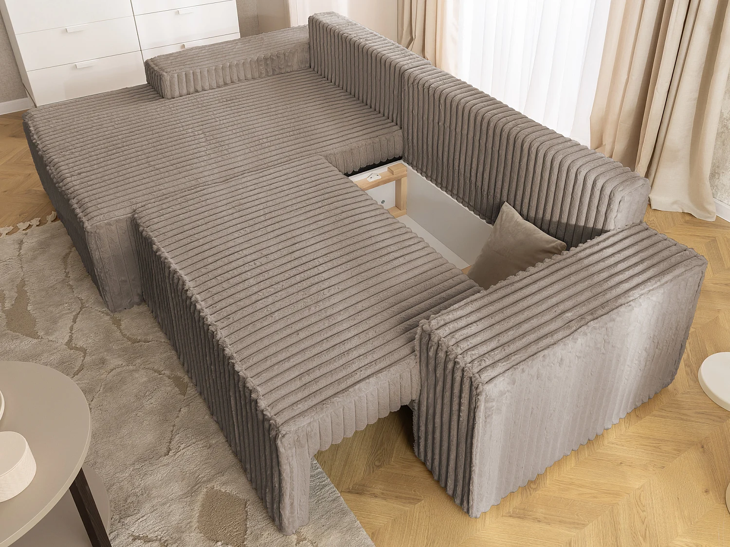 Canapé d’angle avec fonction couchage et coffre de rangement en tissu côtelé peluche RIVIO