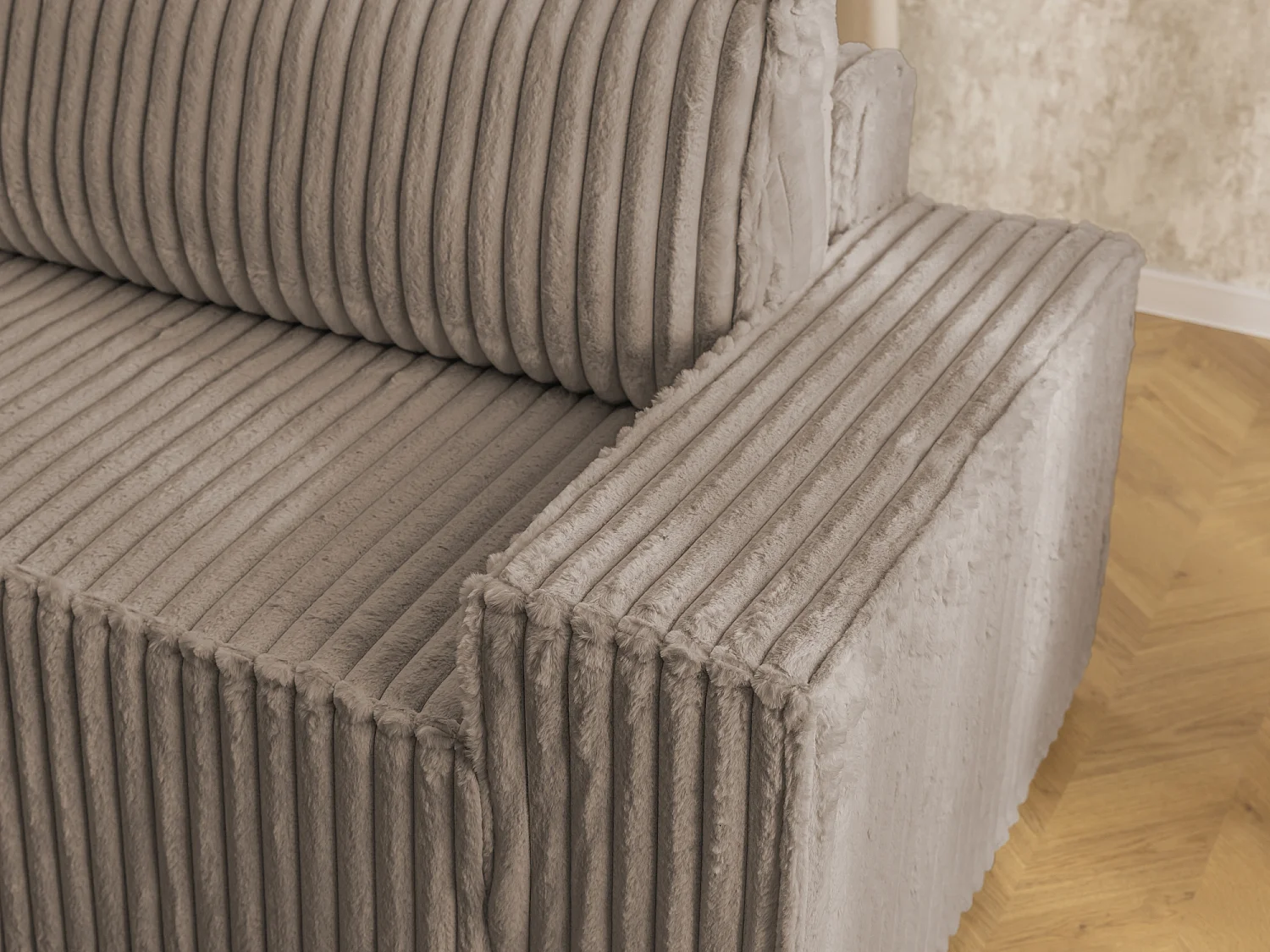 Canapé d’angle avec fonction couchage et coffre de rangement en tissu côtelé peluche RIVIO