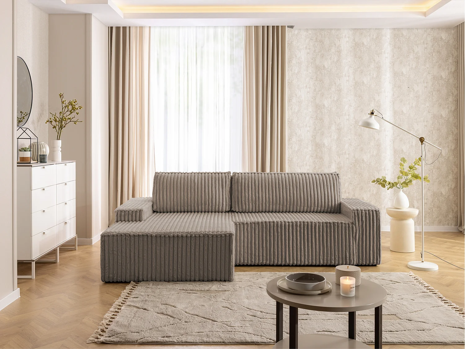 Canapé d’angle avec fonction couchage et coffre de rangement en tissu côtelé peluche RIVIO