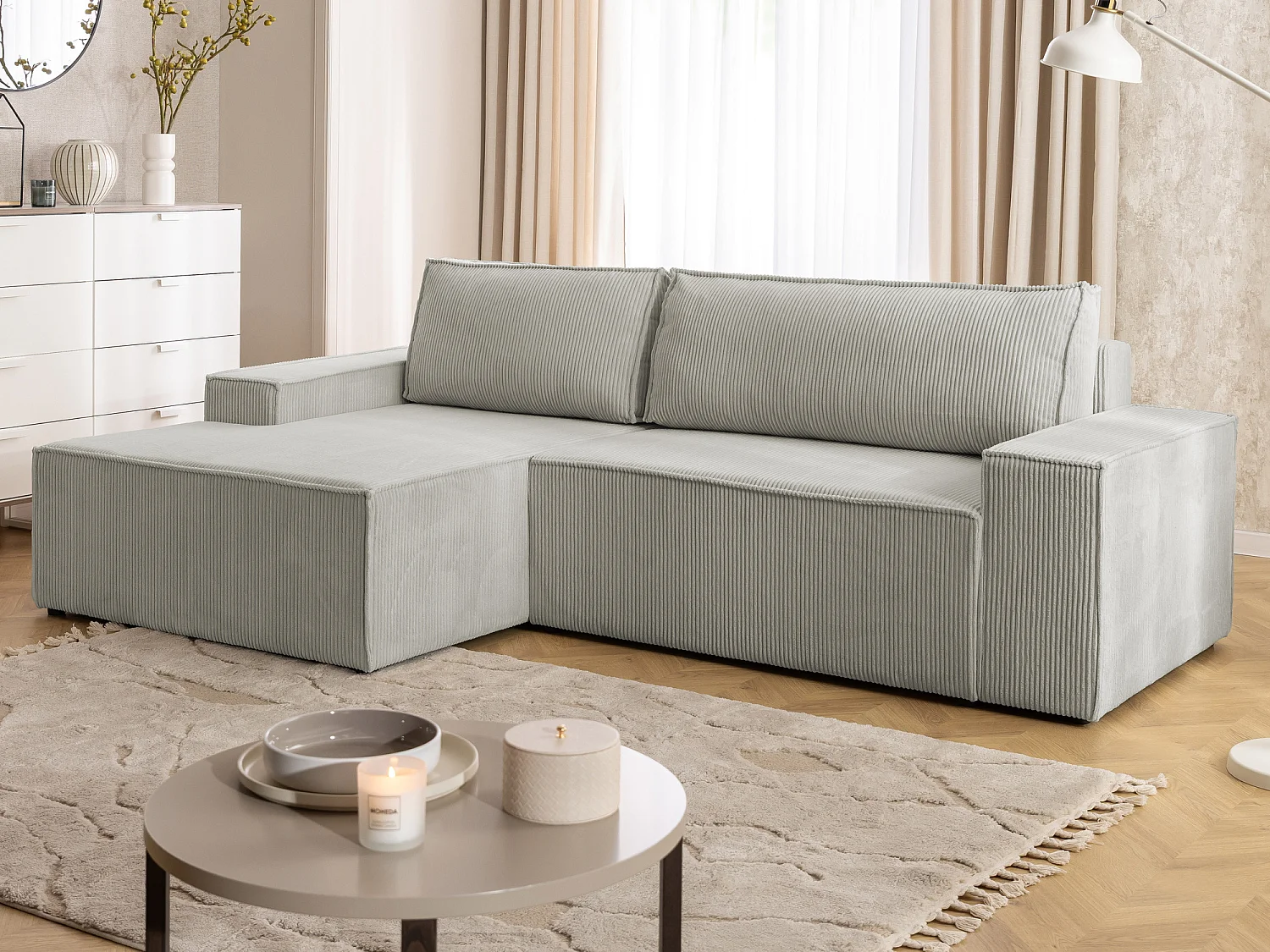 Canapé d’angle avec fonction couchage et coffre de rangement en tissu côtelé RIVIO