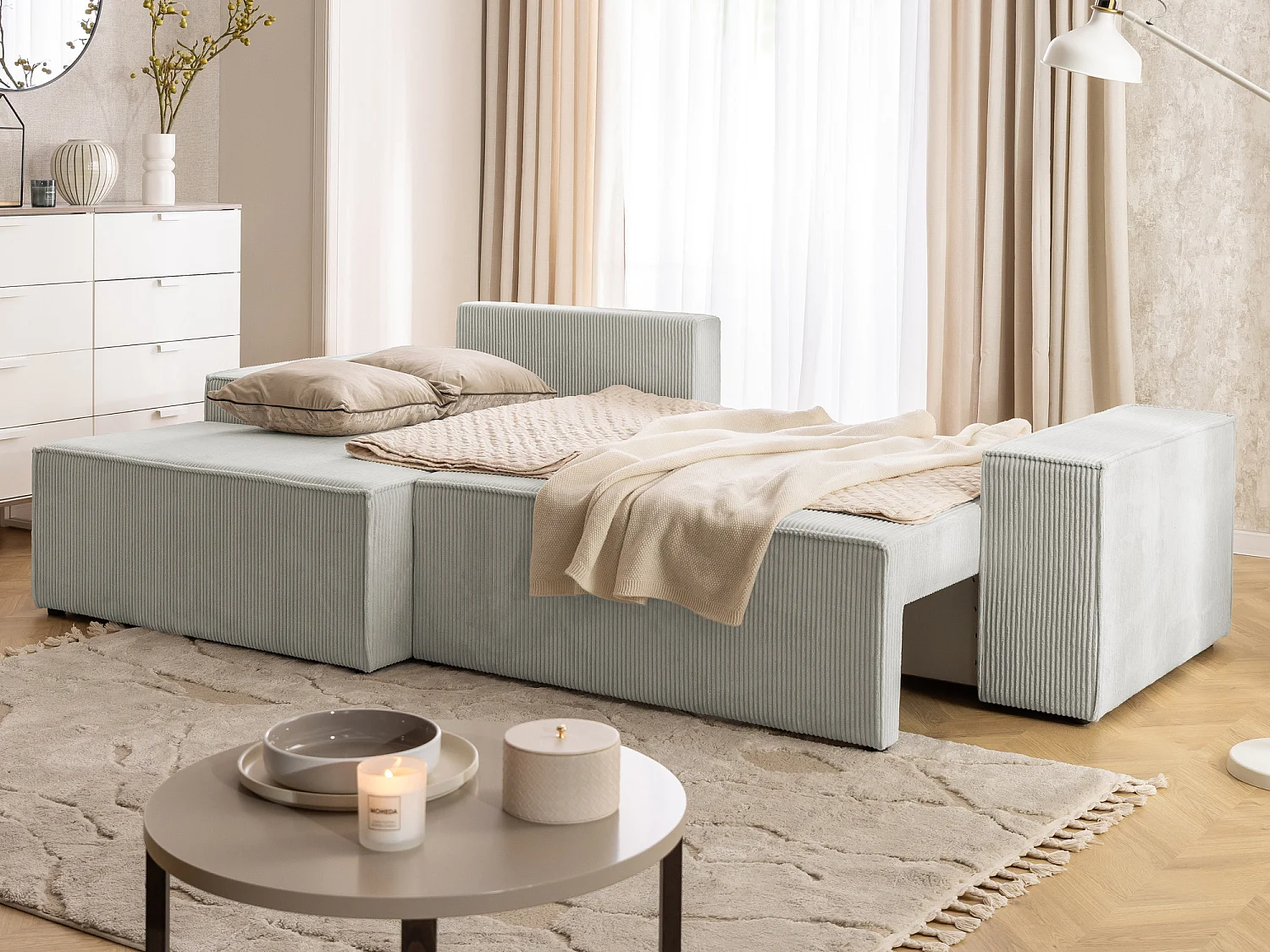 Canapé d’angle avec fonction couchage et coffre de rangement en tissu côtelé RIVIO