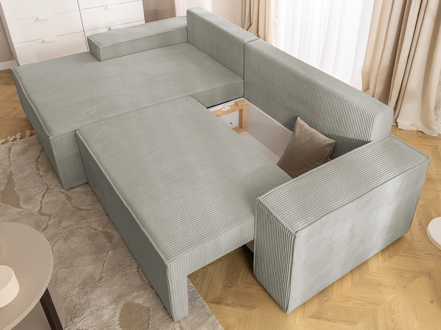 Canapé d’angle avec fonction couchage et coffre de rangement en tissu côtelé RIVIO