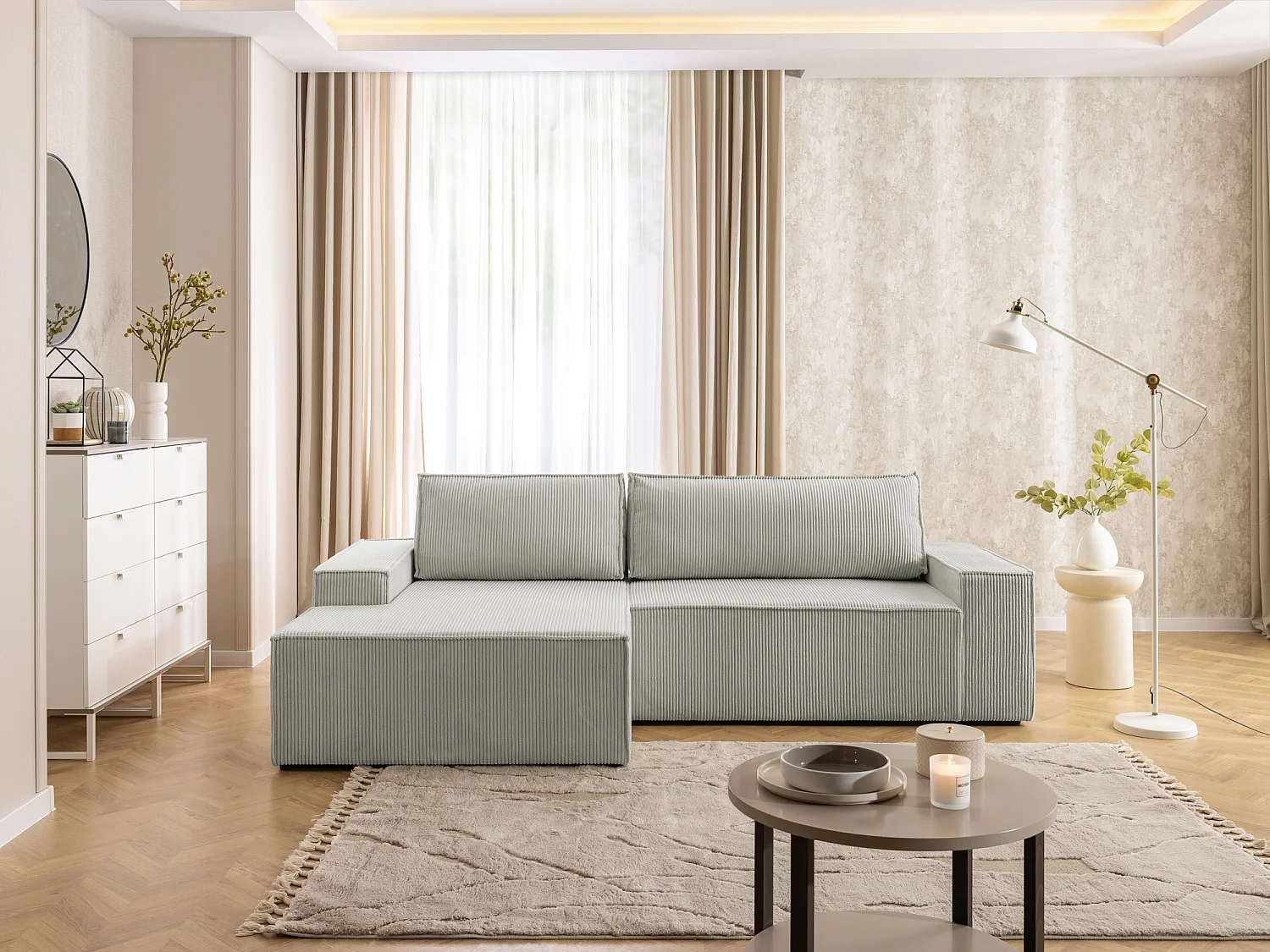 Canapé d’angle avec fonction couchage et coffre de rangement en tissu côtelé RIVIO