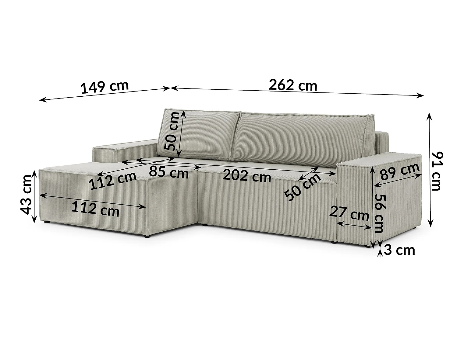 Canapé d’angle avec fonction couchage et coffre de rangement en tissu côtelé RIVIO