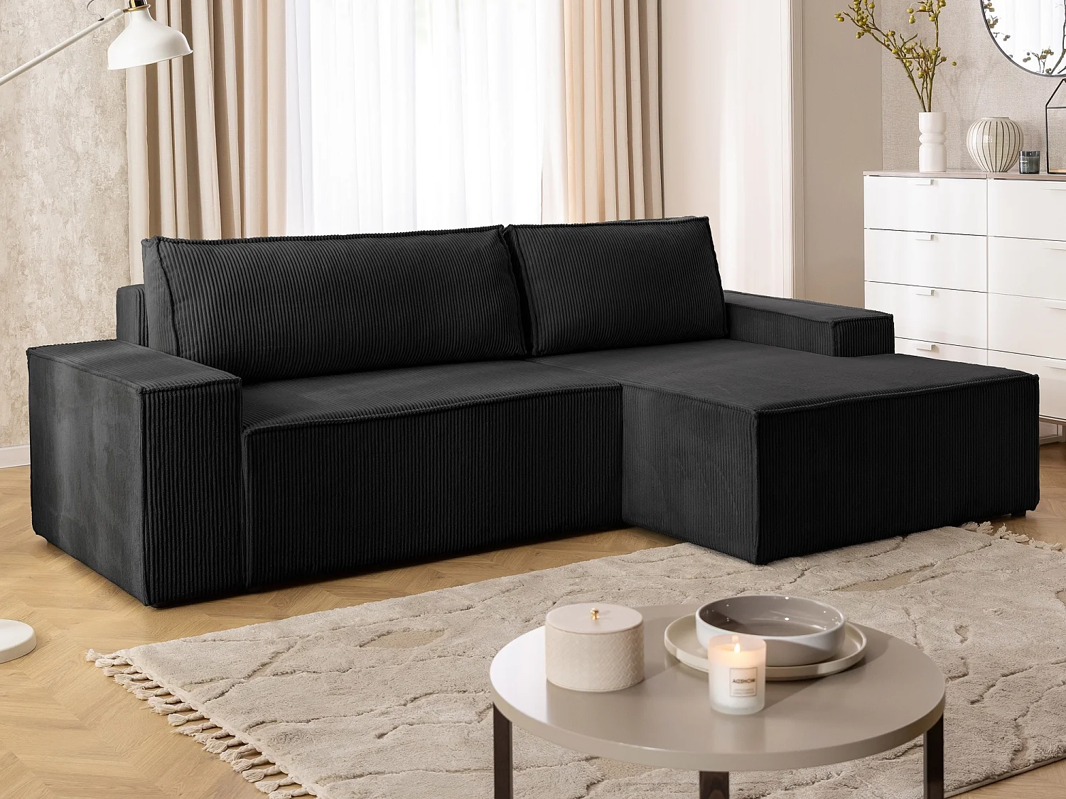 Canapé d’angle avec fonction couchage et coffre de rangement en tissu côtelé RIVIO
