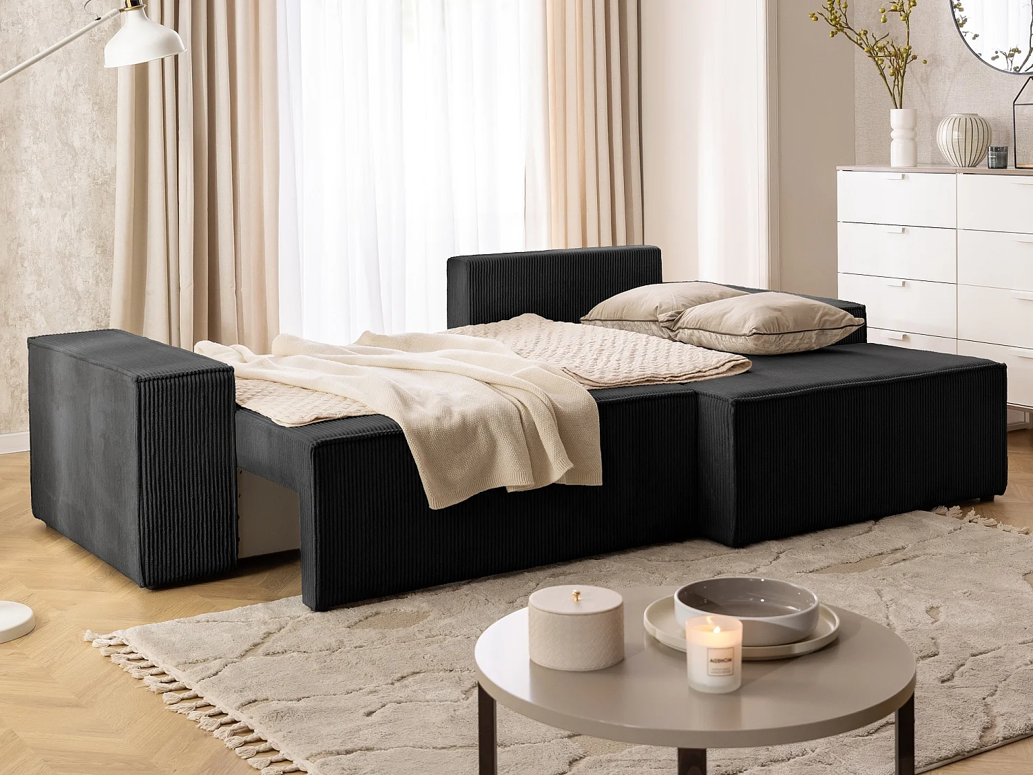 Canapé d’angle avec fonction couchage et coffre de rangement en tissu côtelé RIVIO
