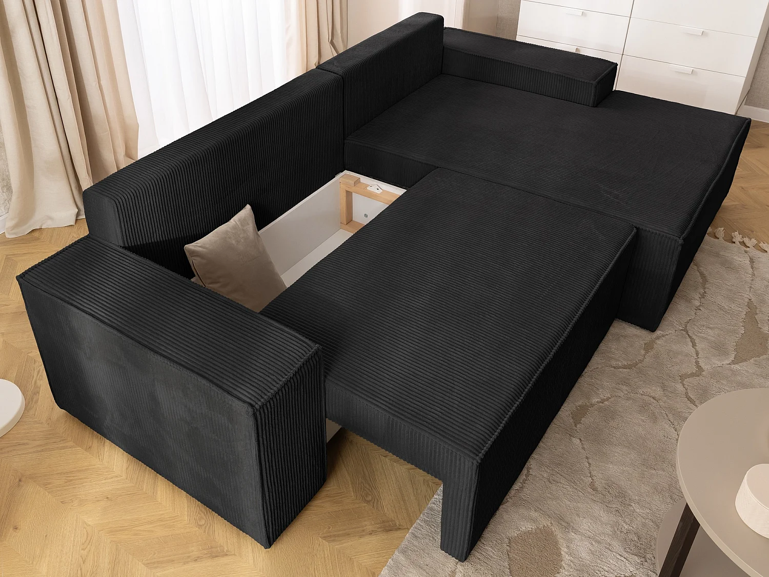 Canapé d’angle avec fonction couchage et coffre de rangement en tissu côtelé RIVIO
