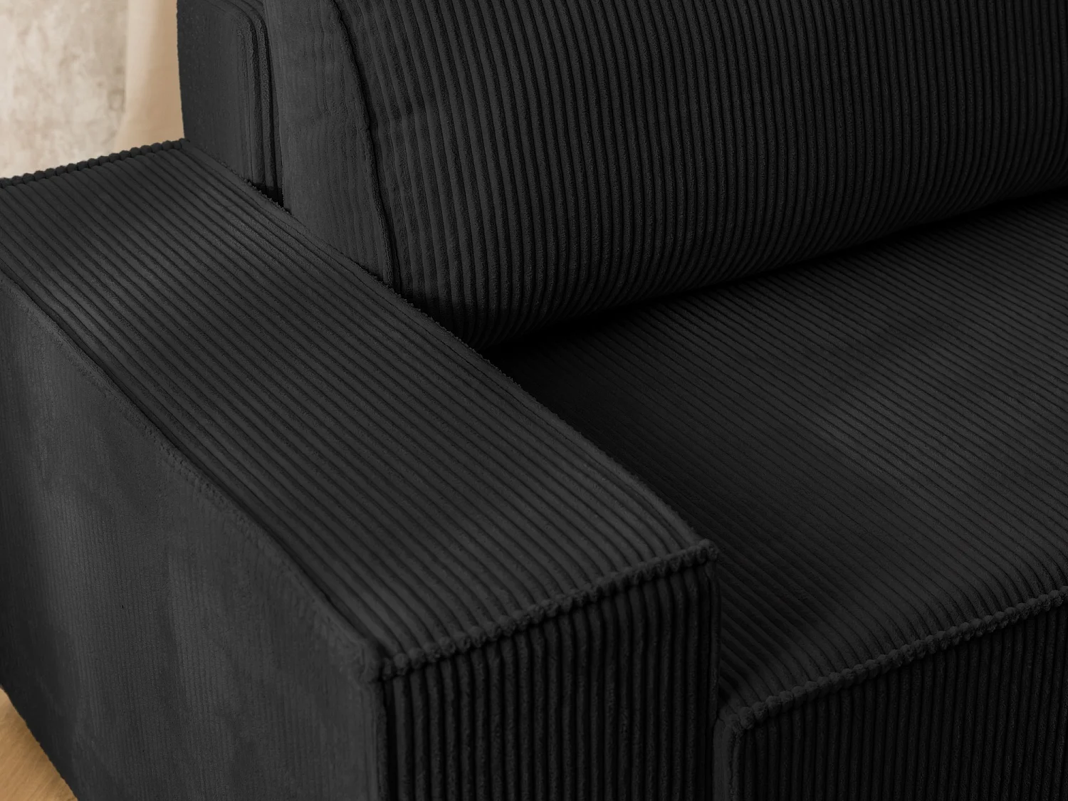 Canapé d’angle avec fonction couchage et coffre de rangement en tissu côtelé RIVIO