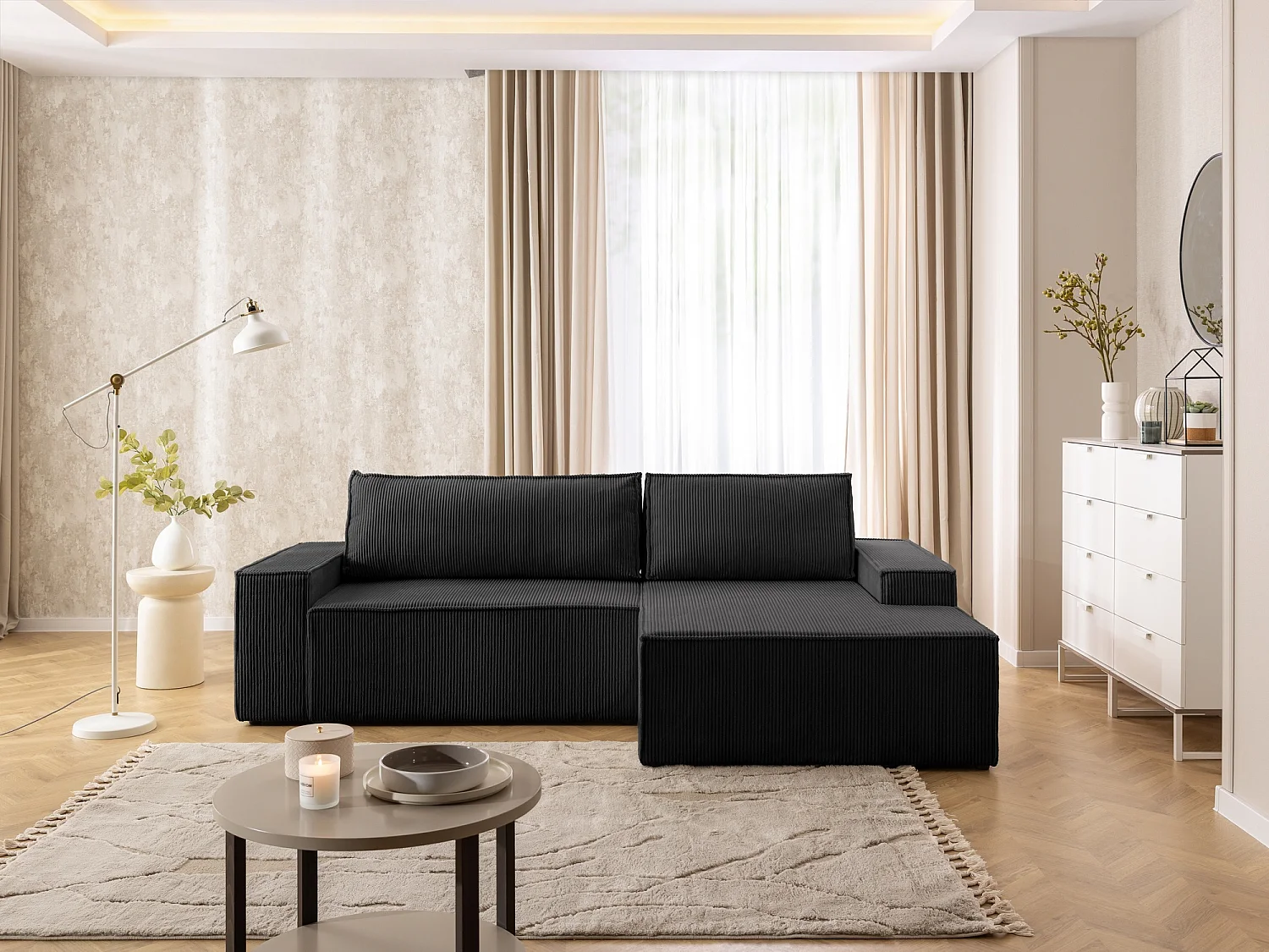 Canapé d’angle avec fonction couchage et coffre de rangement en tissu côtelé RIVIO