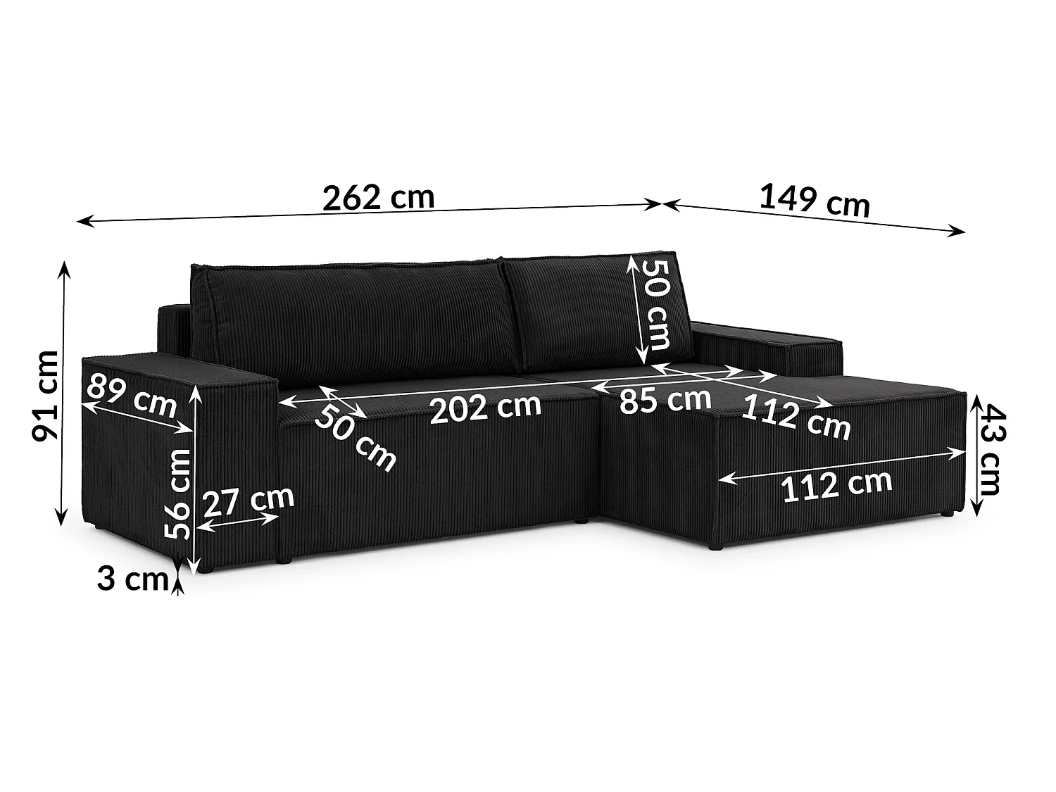 Canapé d’angle avec fonction couchage et coffre de rangement en tissu côtelé RIVIO