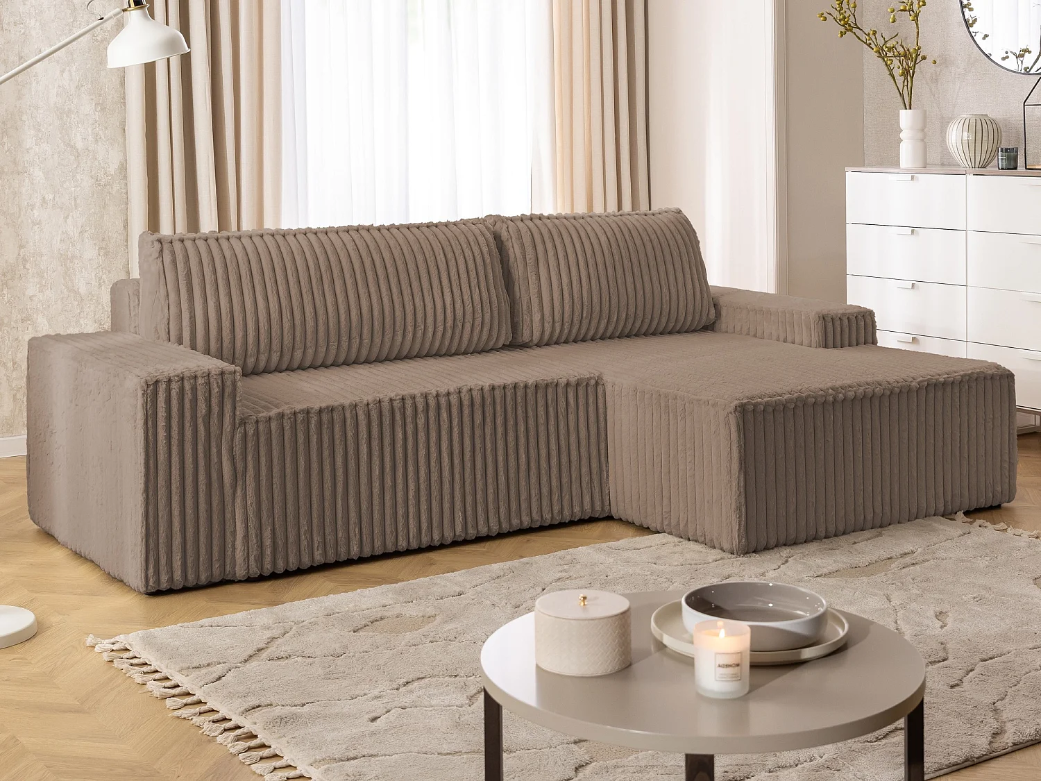Canapé d’angle avec fonction couchage et coffre de rangement en tissu côtelé peluche RIVIO