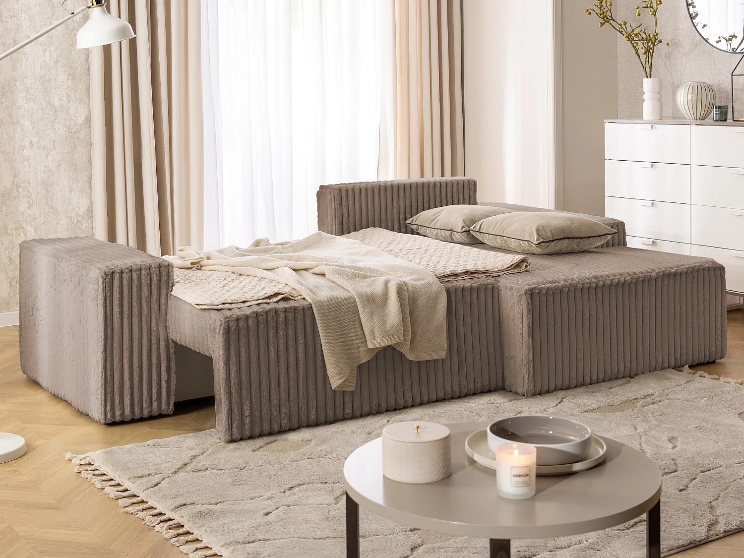 Canapé d’angle avec fonction couchage et coffre de rangement en tissu côtelé peluche RIVIO