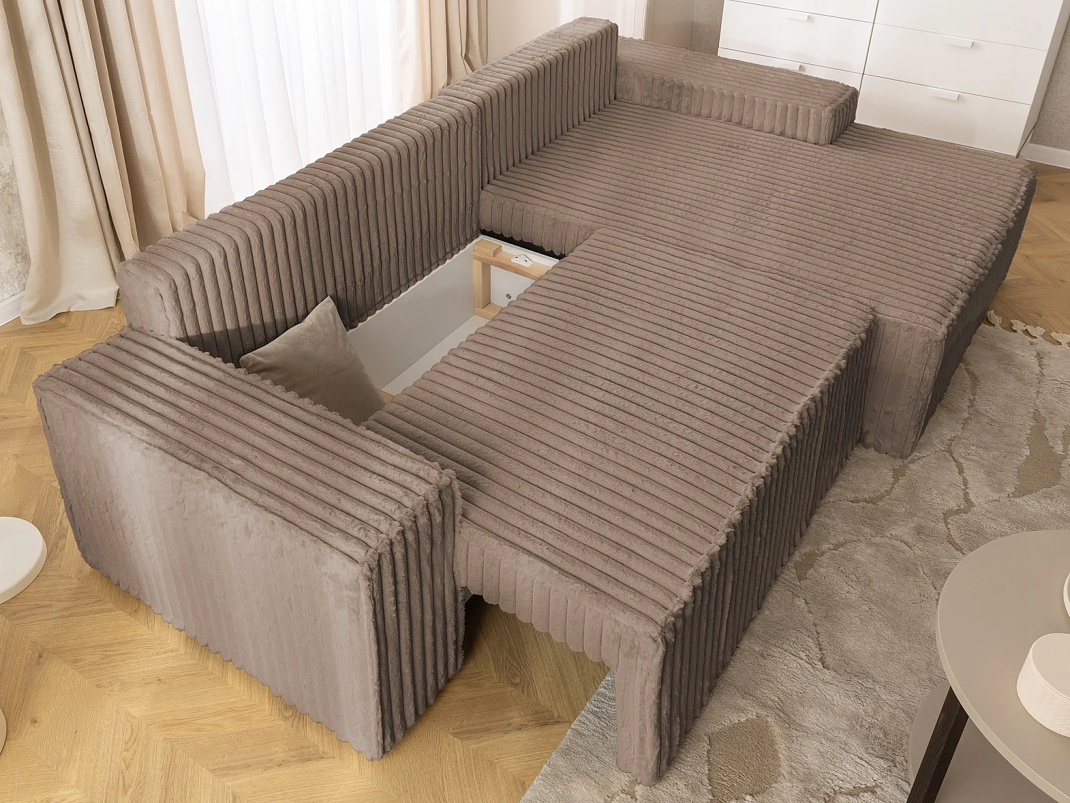 Canapé d’angle avec fonction couchage et coffre de rangement en tissu côtelé peluche RIVIO
