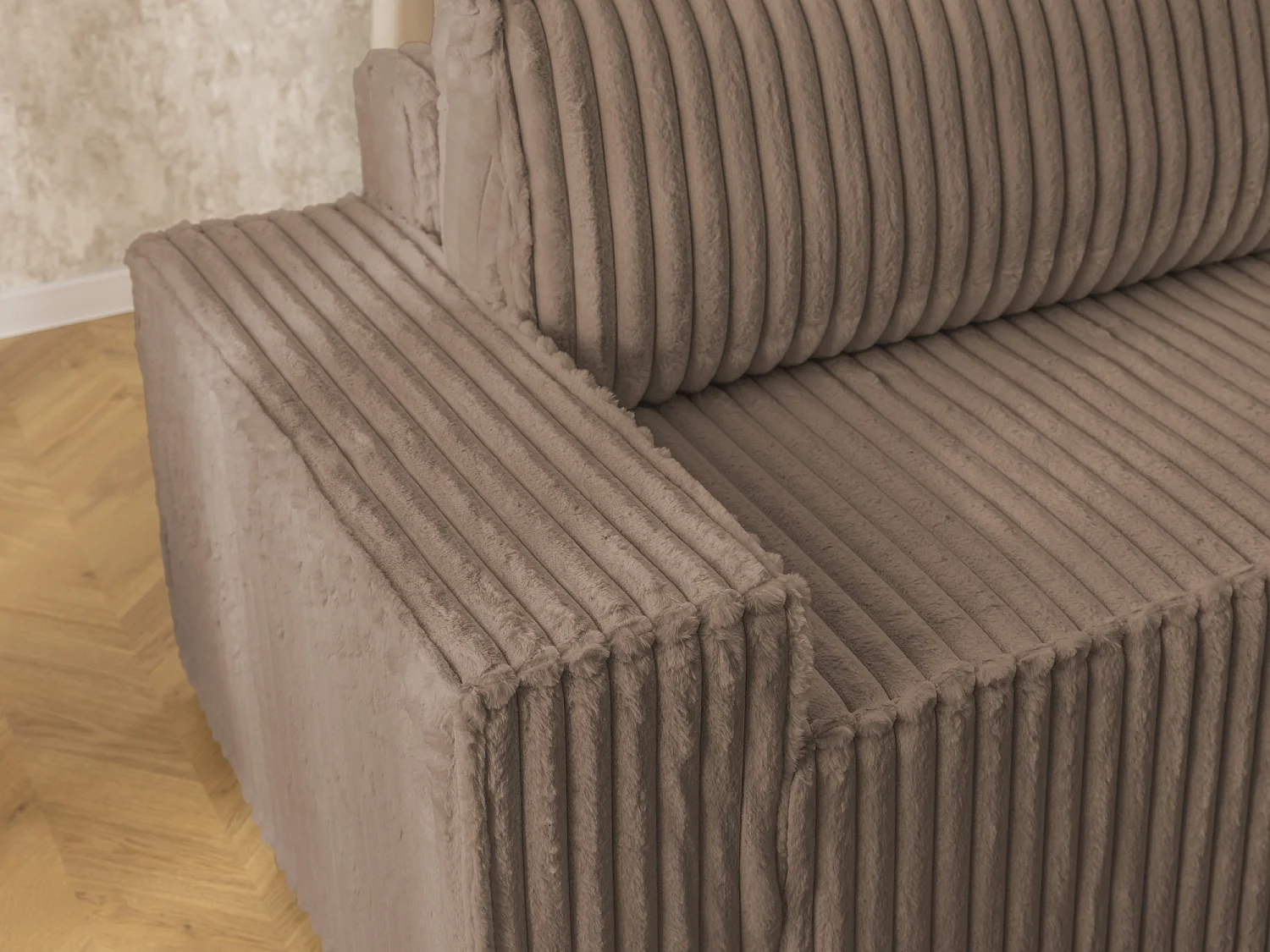 Canapé d’angle avec fonction couchage et coffre de rangement en tissu côtelé peluche RIVIO