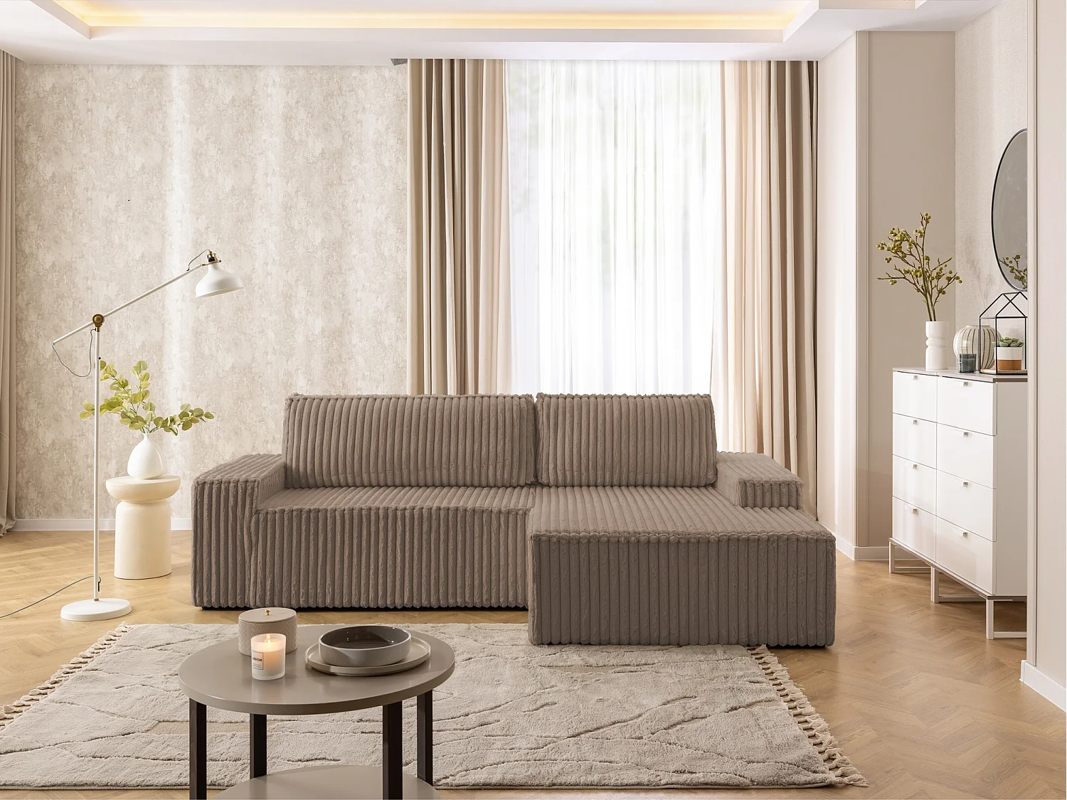 Canapé d’angle avec fonction couchage et coffre de rangement en tissu côtelé peluche RIVIO