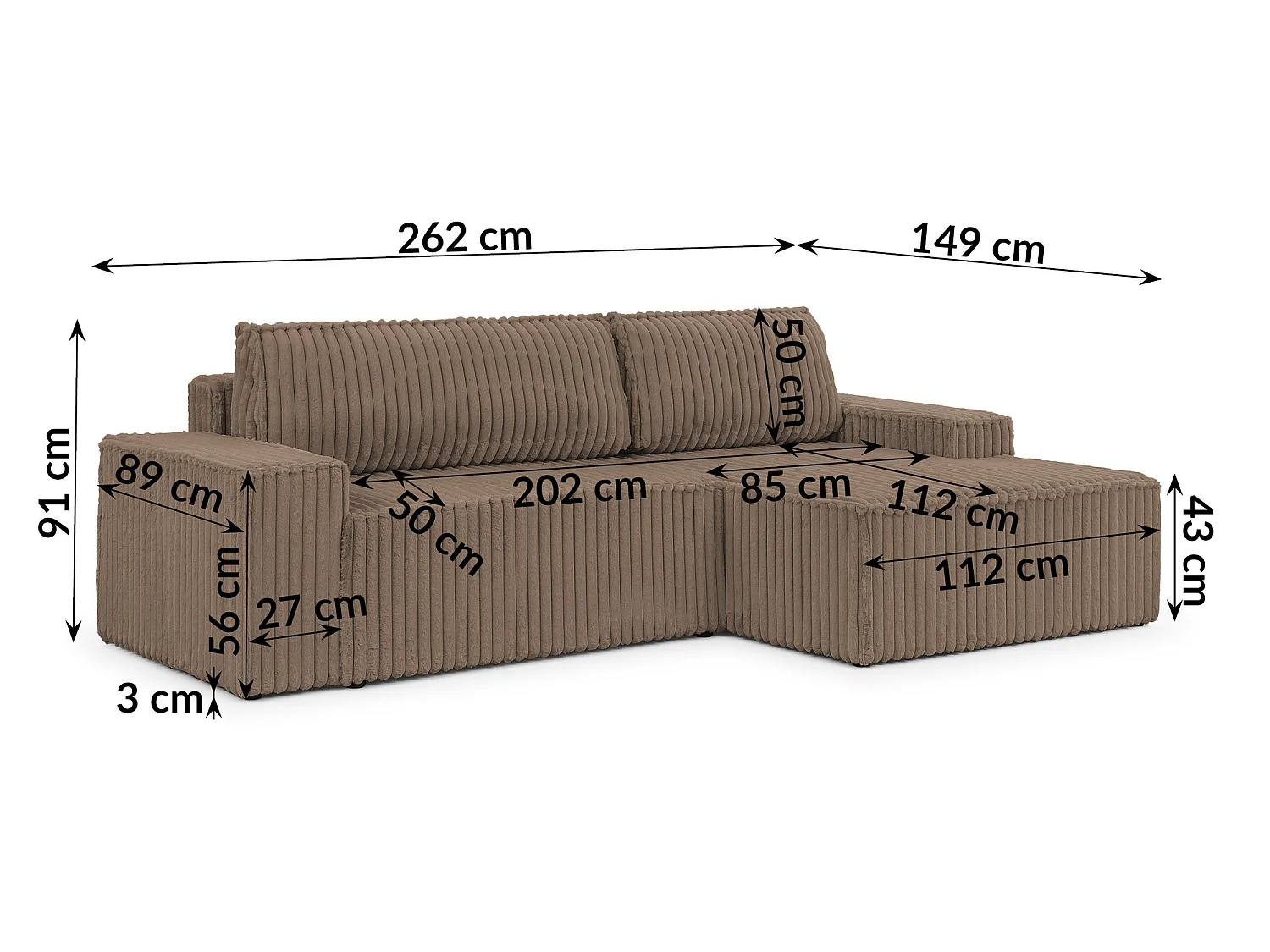 Canapé d’angle avec fonction couchage et coffre de rangement en tissu côtelé peluche RIVIO
