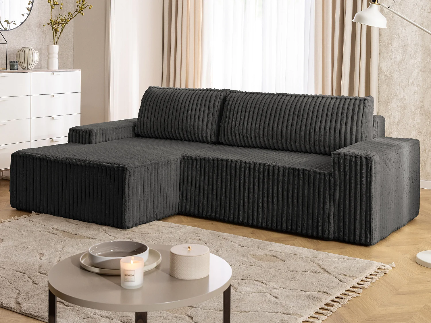 Canapé d’angle avec fonction couchage et coffre de rangement en tissu côtelé peluche RIVIO