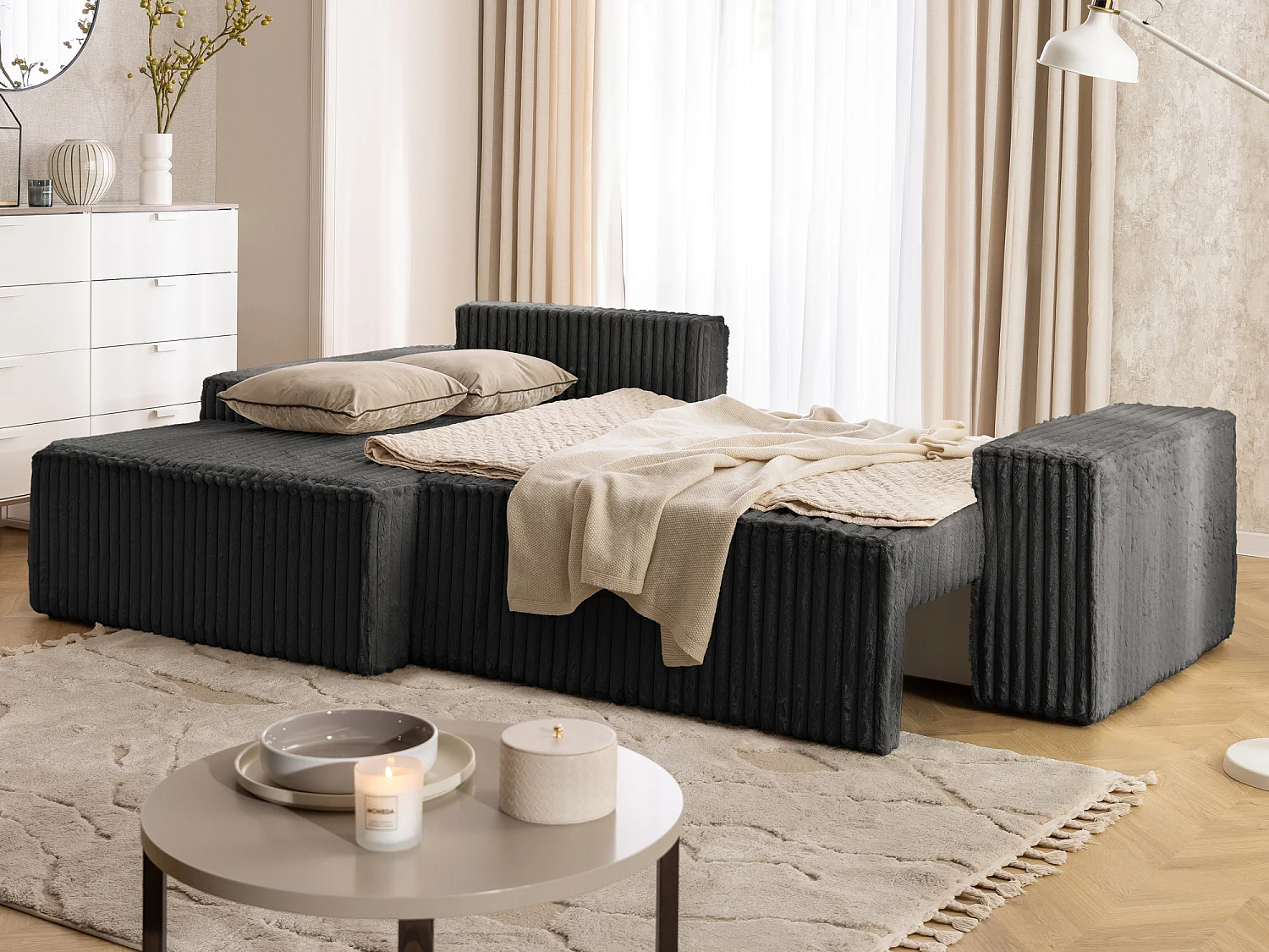 Canapé d’angle avec fonction couchage et coffre de rangement en tissu côtelé peluche RIVIO