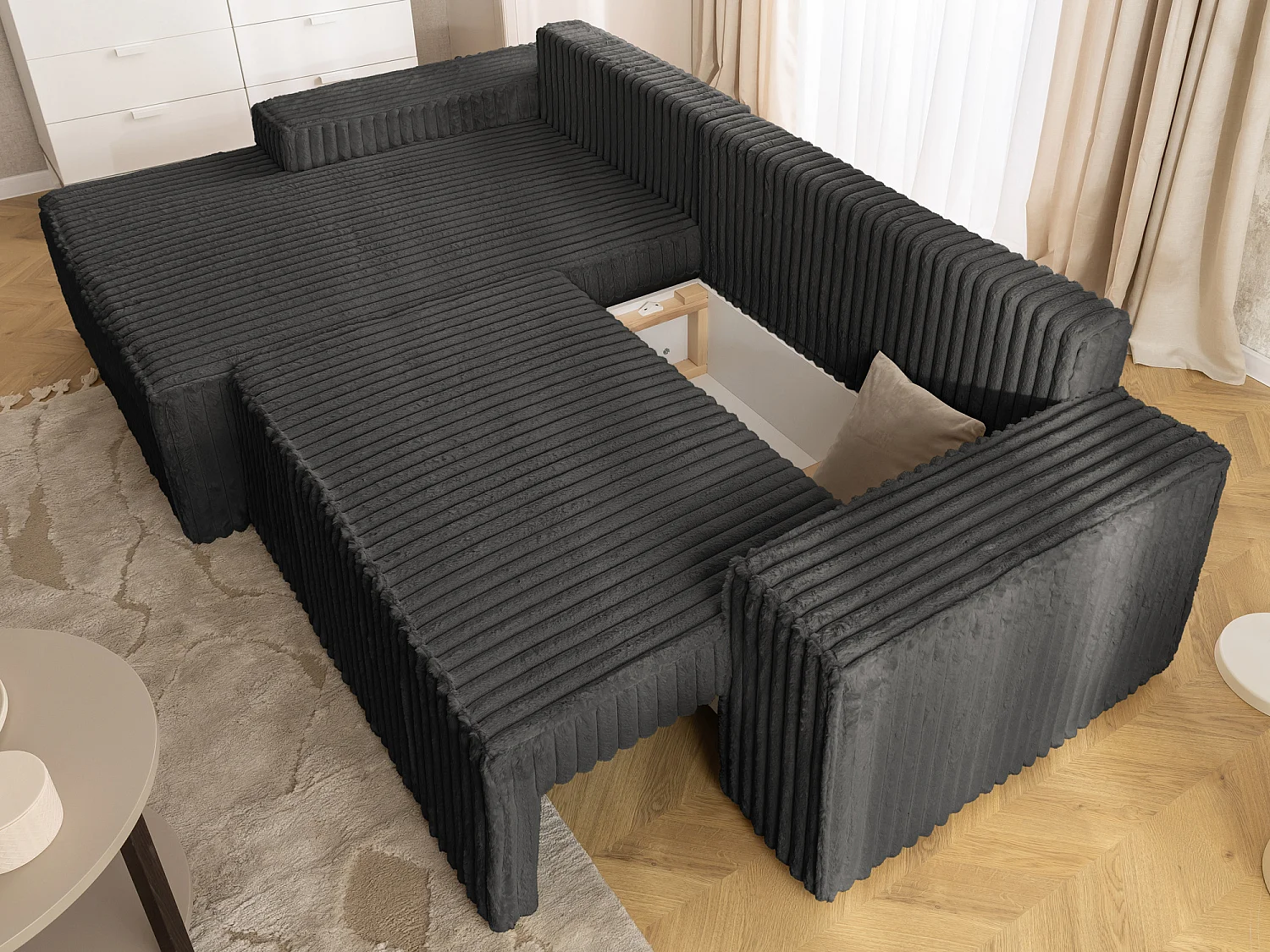 Canapé d’angle avec fonction couchage et coffre de rangement en tissu côtelé peluche RIVIO