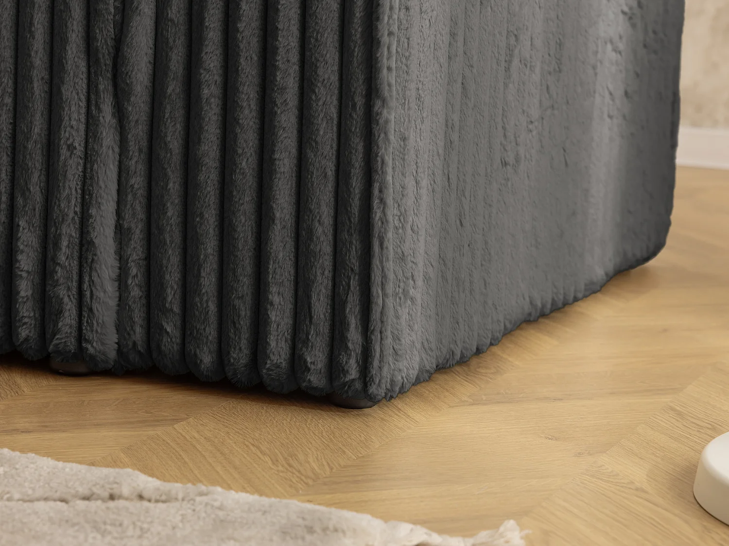 Canapé d’angle avec fonction couchage et coffre de rangement en tissu côtelé peluche RIVIO