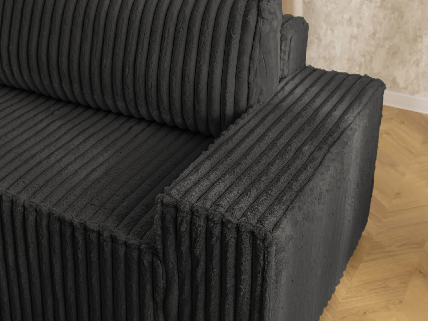 Canapé d’angle avec fonction couchage et coffre de rangement en tissu côtelé peluche RIVIO