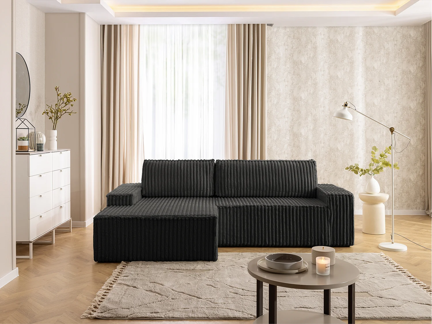 Canapé d’angle avec fonction couchage et coffre de rangement en tissu côtelé peluche RIVIO