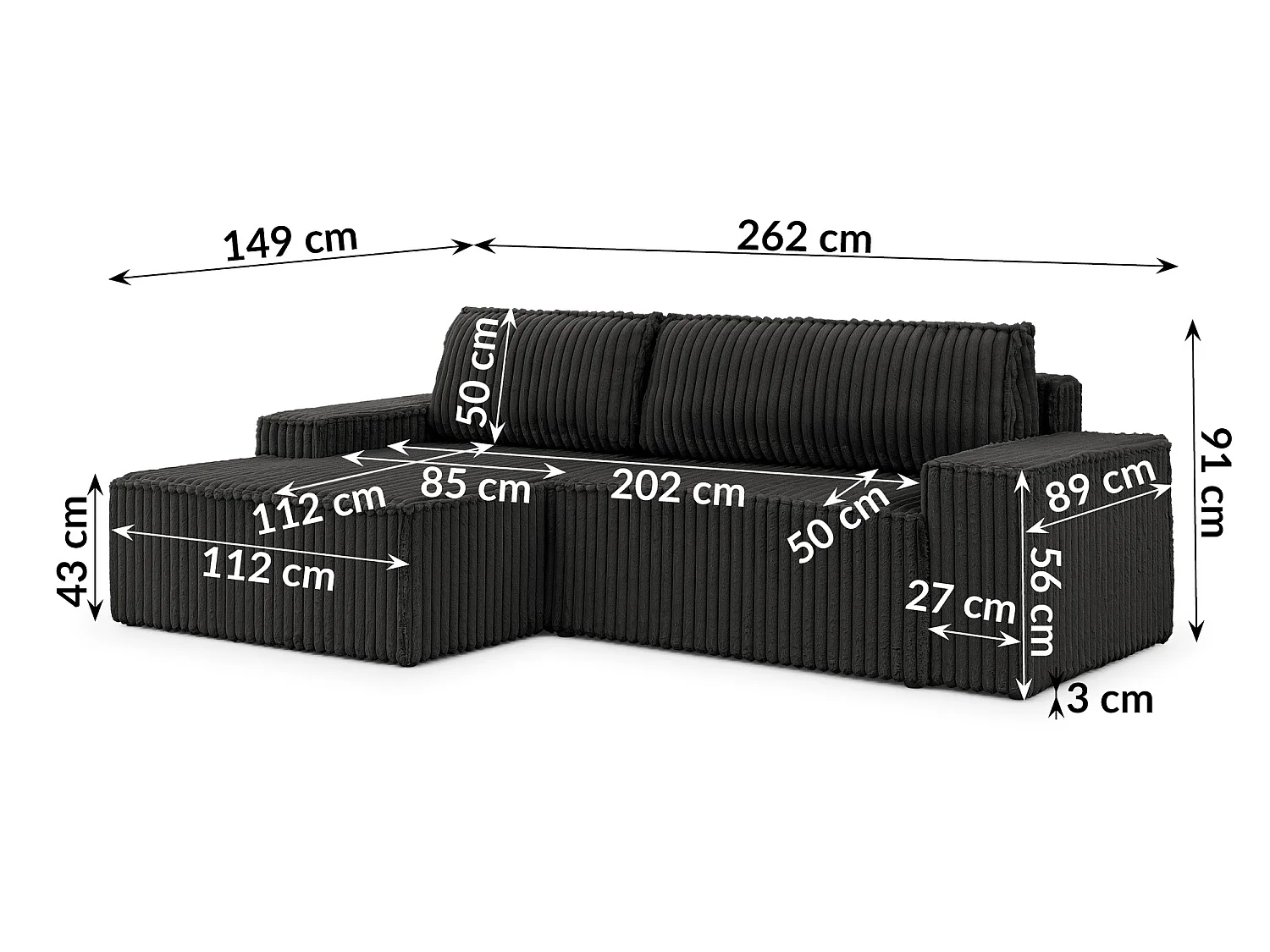 Canapé d’angle avec fonction couchage et coffre de rangement en tissu côtelé peluche RIVIO