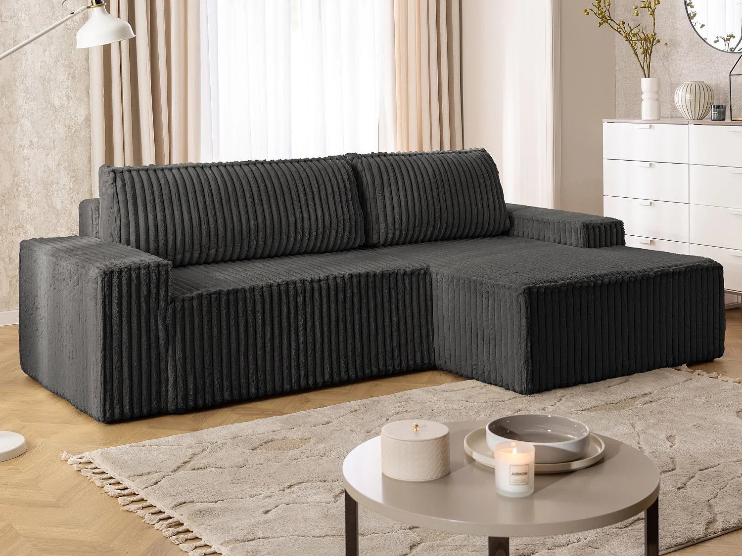 Canapé d’angle avec fonction couchage et coffre de rangement en tissu côtelé peluche RIVIO