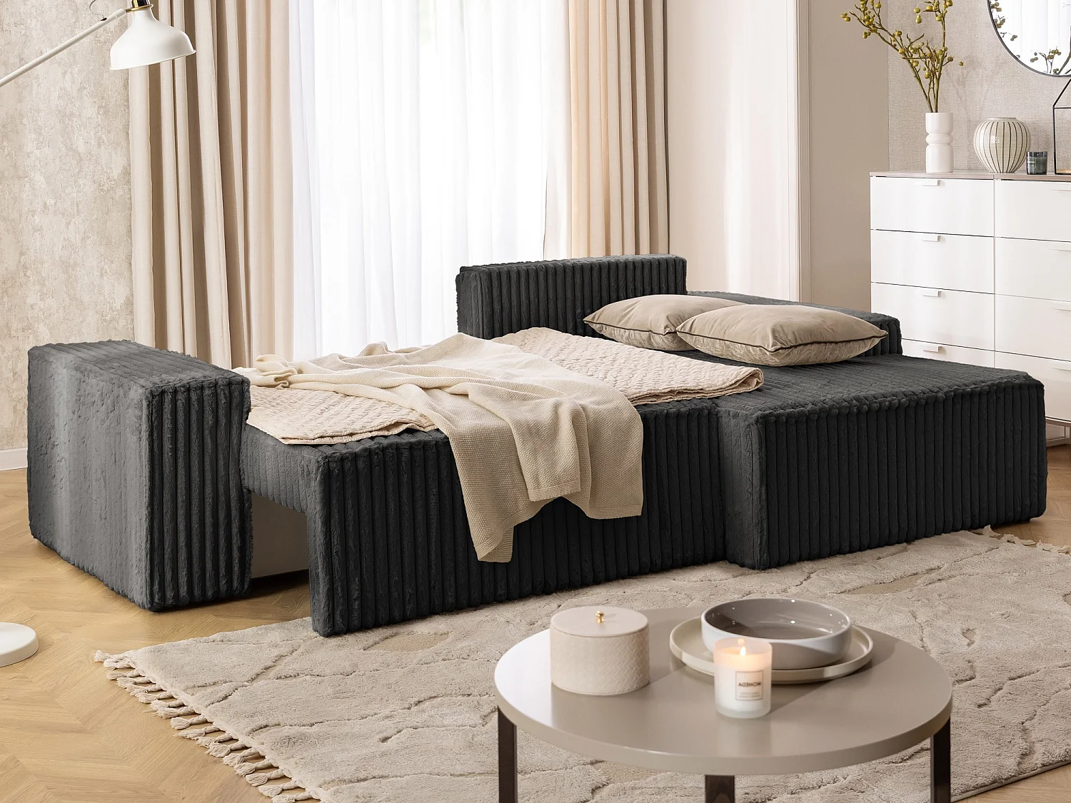 Canapé d’angle avec fonction couchage et coffre de rangement en tissu côtelé peluche RIVIO