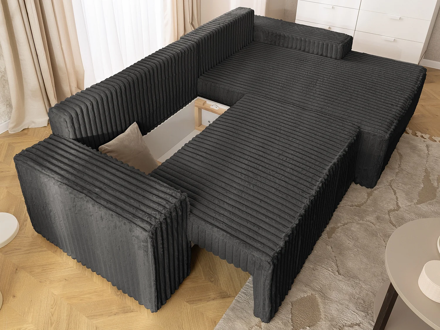 Canapé d’angle avec fonction couchage et coffre de rangement en tissu côtelé peluche RIVIO