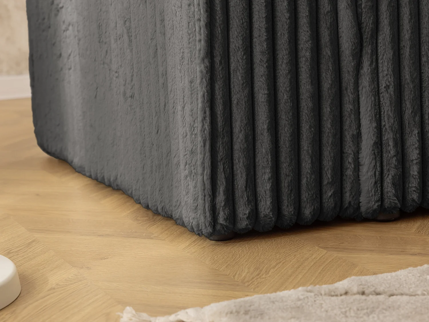 Canapé d’angle avec fonction couchage et coffre de rangement en tissu côtelé peluche RIVIO