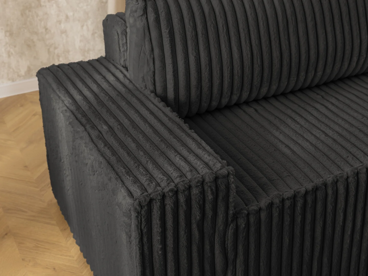Canapé d’angle avec fonction couchage et coffre de rangement en tissu côtelé peluche RIVIO