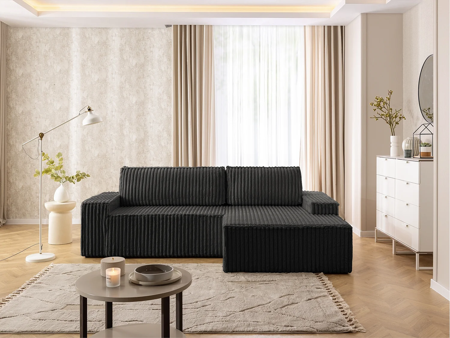 Canapé d’angle avec fonction couchage et coffre de rangement en tissu côtelé peluche RIVIO