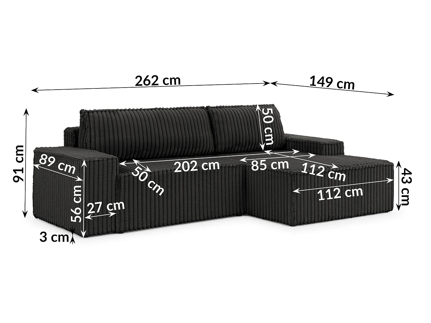 Canapé d’angle avec fonction couchage et coffre de rangement en tissu côtelé peluche RIVIO