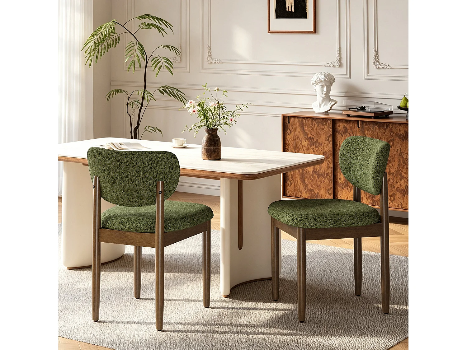 Lot de 2 Chaises de Salle à Manger en Chenille, Pieds en Bois, Dossier Ergonomique, Assise Rembourrée Confortable, vert