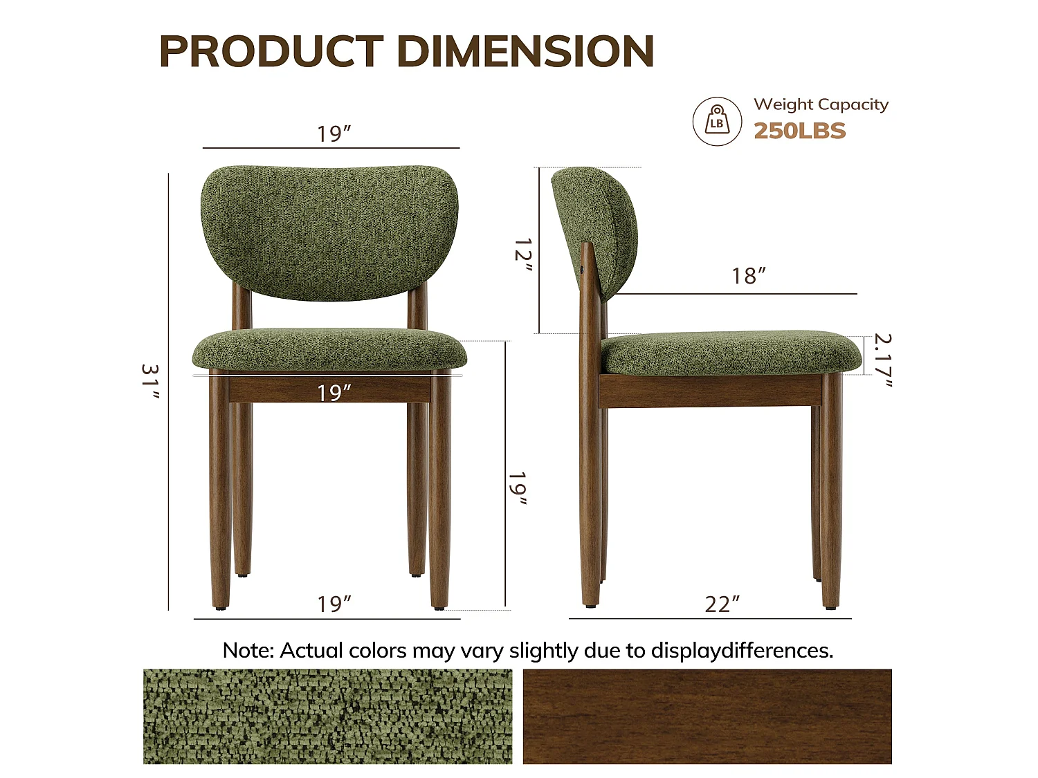 Lot de 2 Chaises de Salle à Manger en Chenille, Pieds en Bois, Dossier Ergonomique, Assise Rembourrée Confortable, vert