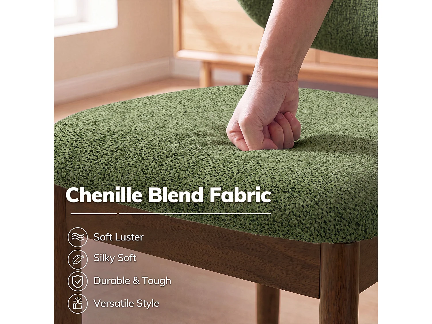 Lot de 2 Chaises de Salle à Manger en Chenille, Pieds en Bois, Dossier Ergonomique, Assise Rembourrée Confortable, vert